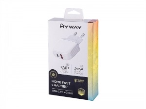 SZYBKA ŁADOWARKA SIECIOWA ZASILACZ 20W WYJŚCIE USB + WYJŚCIE USB-C  QC3.0 MYWAY