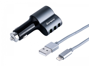 ŁADOWARKA SAMOCHODOWA 12/24V 3*USB + KABEL Z ZESPOLONĄ WTYCZKĄ  microUSB + APPLE IPHONE   MYWAY