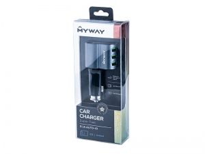 ŁADOWARKA SAMOCHODOWA 12/24V 3*USB + KABEL Z ZESPOLONĄ WTYCZKĄ  microUSB + APPLE IPHONE   MYWAY