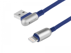 KABEL DO ŁADOWANIA I SYNCHRONIZACJI 120CM W OPLOCIE Z MIKROFIBRY DWUSTRONNE KĄTOWE USB - APPLE IPHONE NAVY   MYWAY